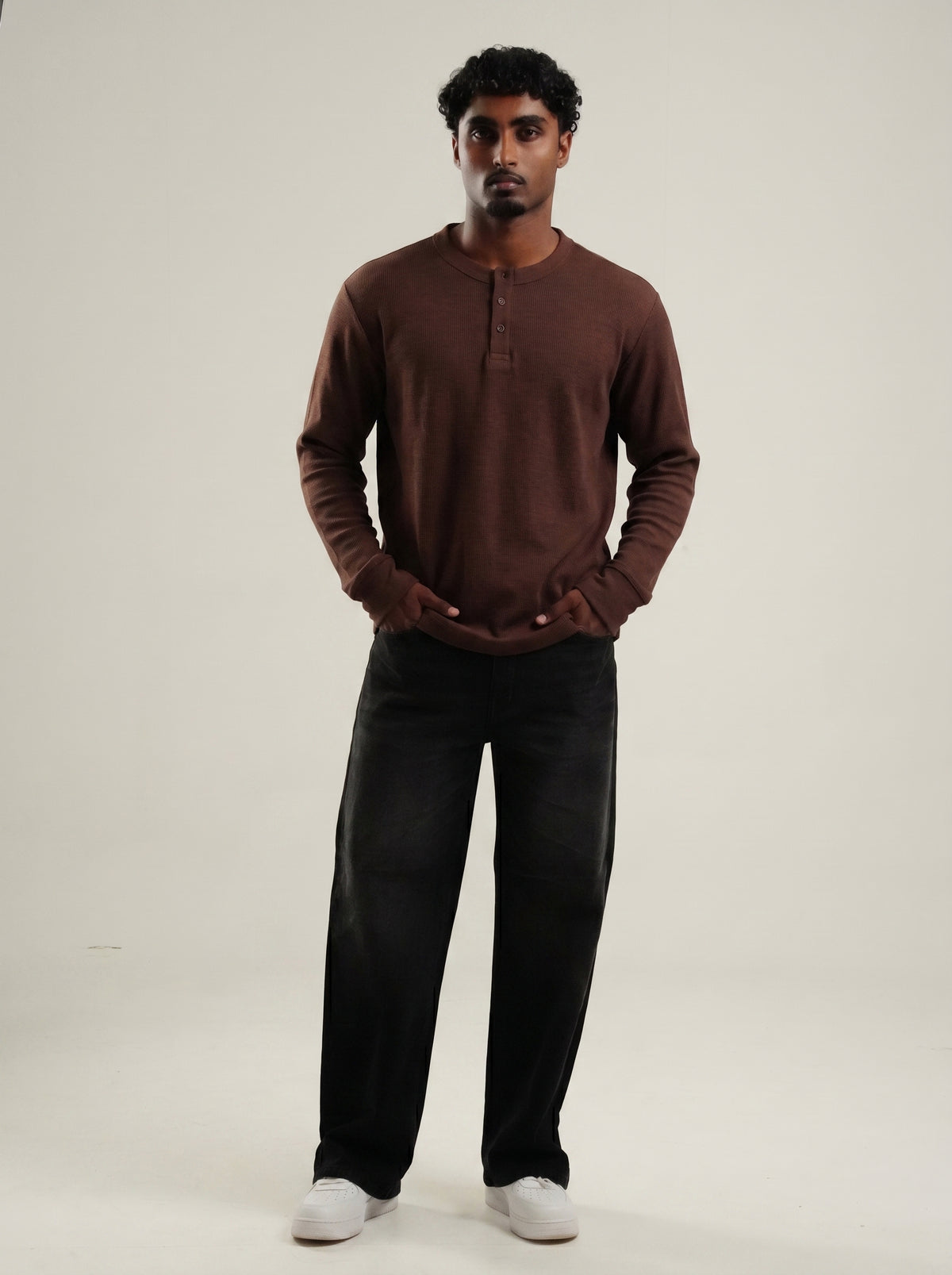 Henley Brown Full Sleeve Loose Comfort Fit Tee