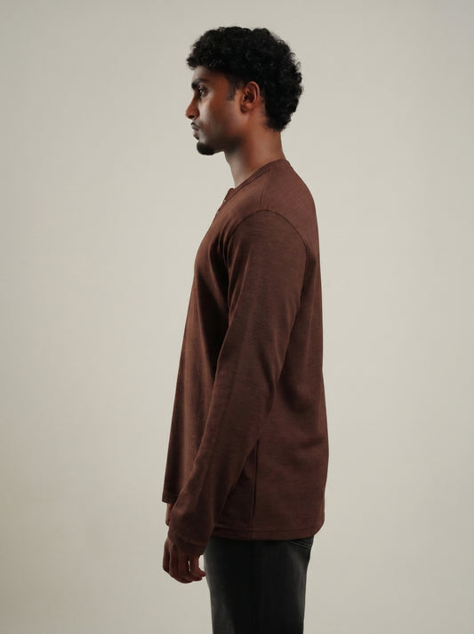 Henley Brown full sleeve loose comfort fit Tee