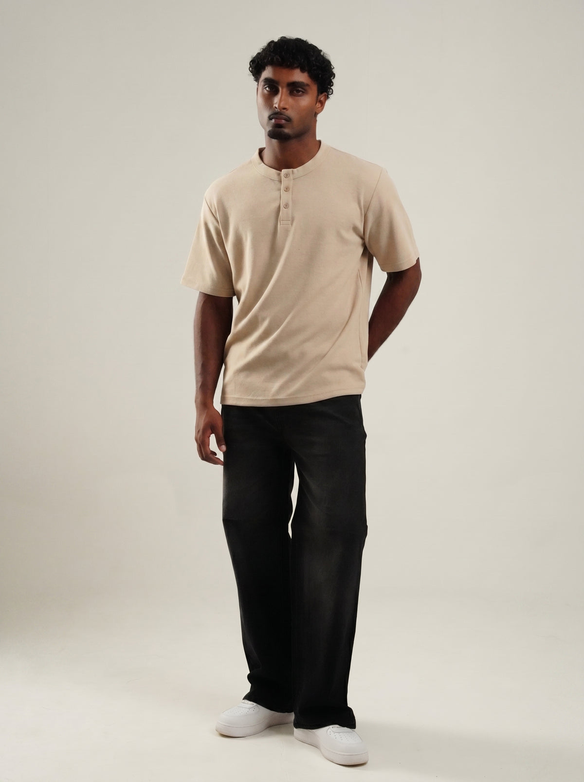 Henley Beige Half Sleeve Loose Comfort Fit Tee