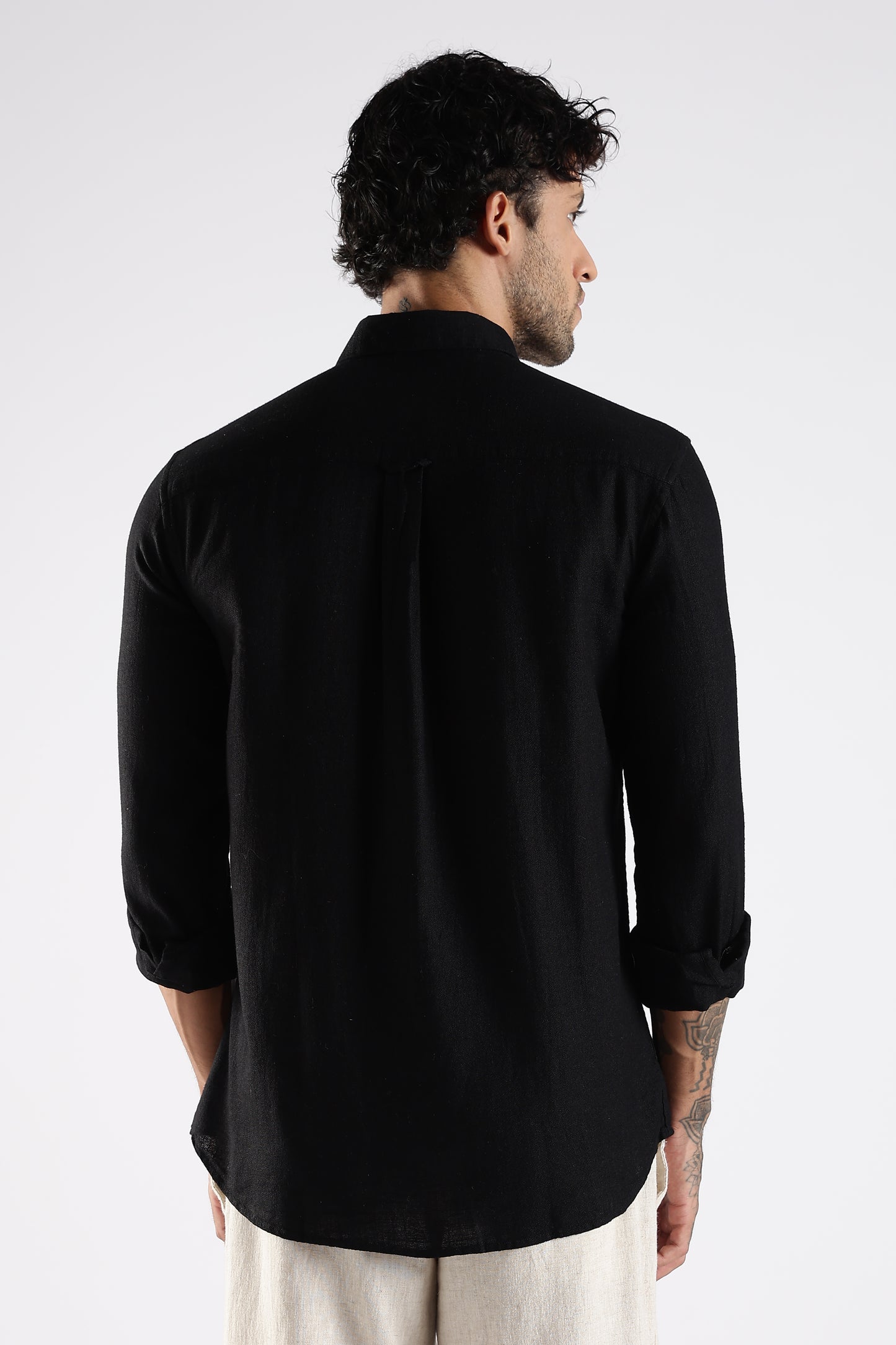 Regular Fit Embroidery Linen Blend Designer Black Shirt