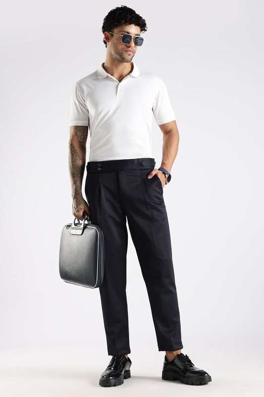Regular Fit Dark Navy Blue Textured Gurkha Trousers
