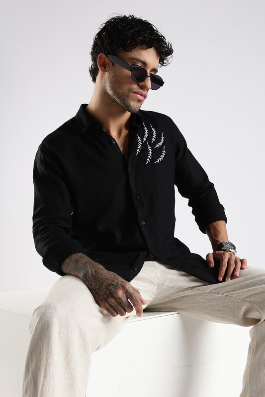 Regular Fit Embroidery Linen Blend Designer Black Shirt