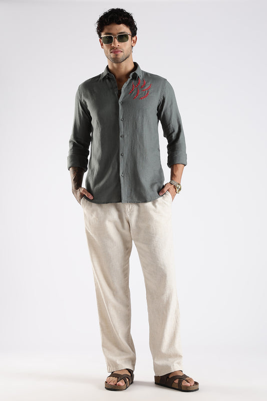 Regular Fit Embroidery Linen Blend Designer Gray Shirt
