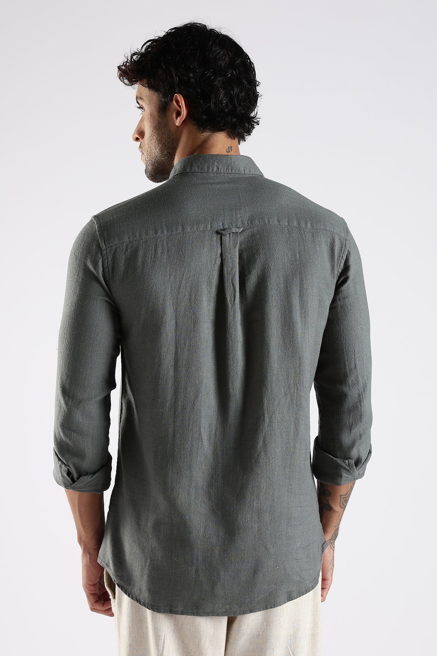 Regular Fit Embroidery Linen Blend Designer Gray Shirt