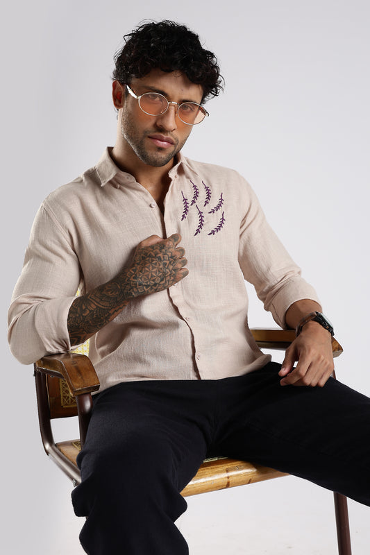 Regular Fit Embroidery Linen Blend Designer Beige Shirt