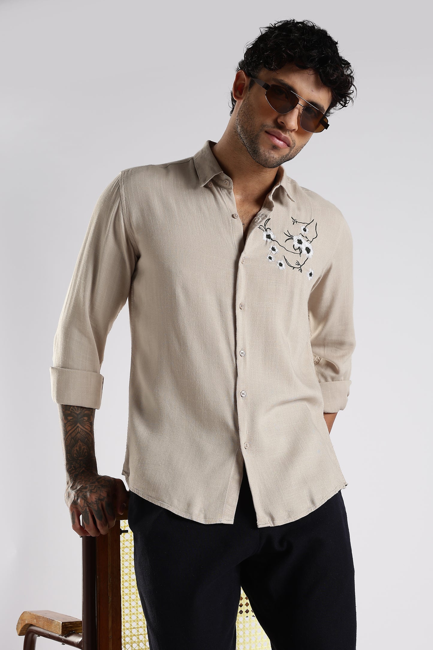 Regular Fit Embroidery Linen Blend Designer Light Beige Shirt