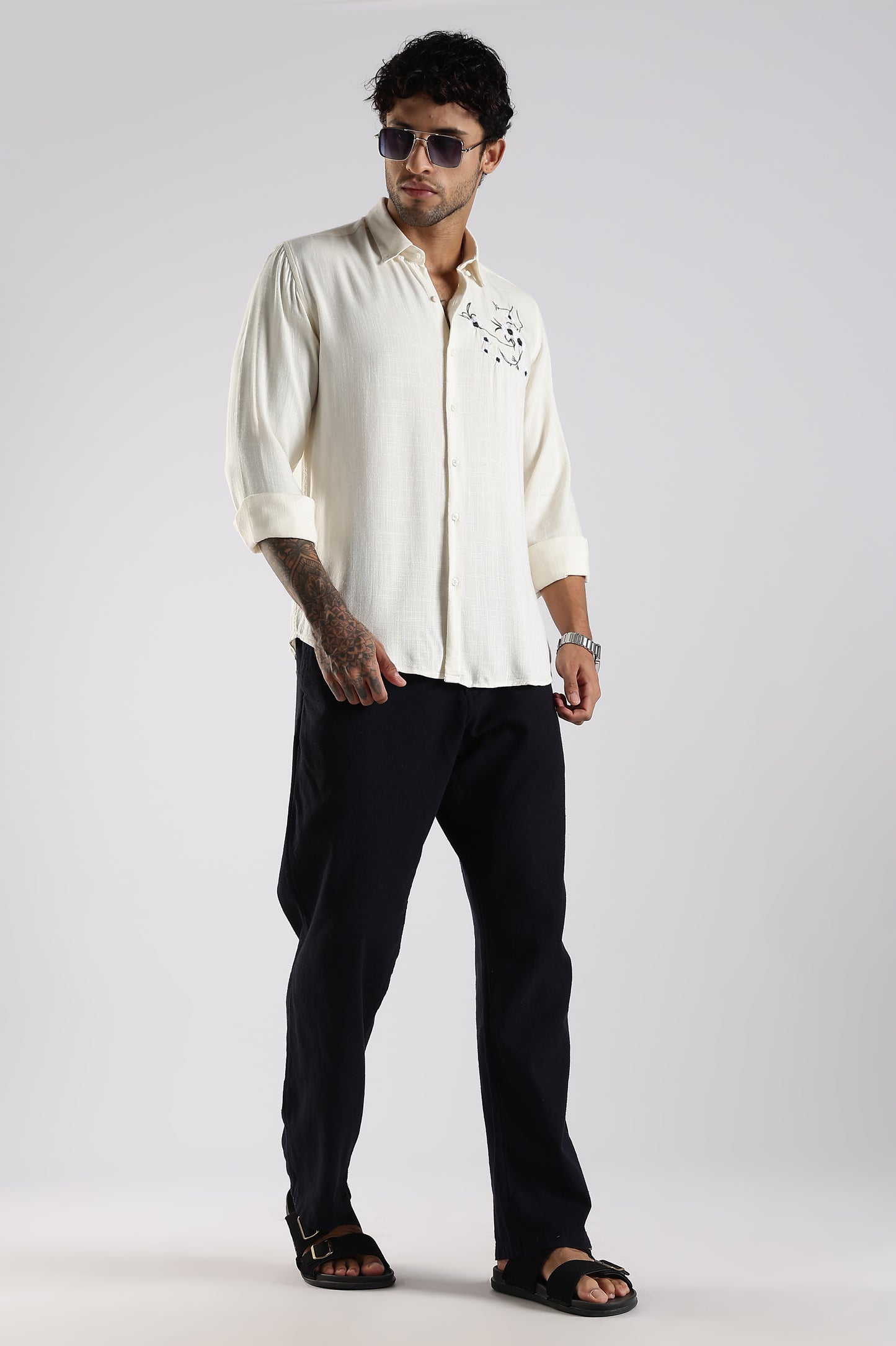 Regular Fit Embroidery Linen Blend Designer Cream Shirt