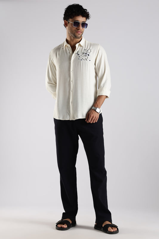 Regular Fit Embroidery Linen Blend Designer Cream Shirt