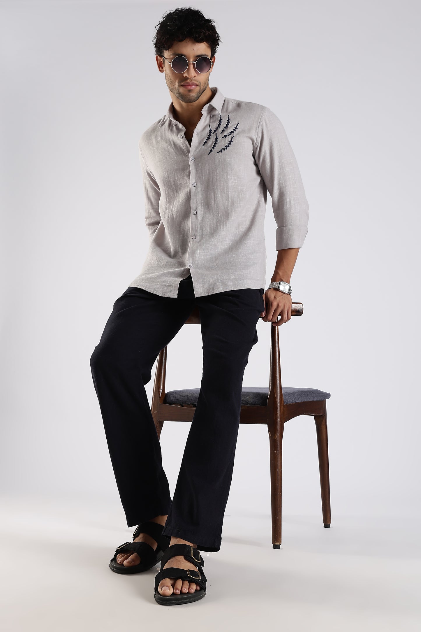 Regular Fit Embroidary Linen Blend Light Grey Designer Shirt