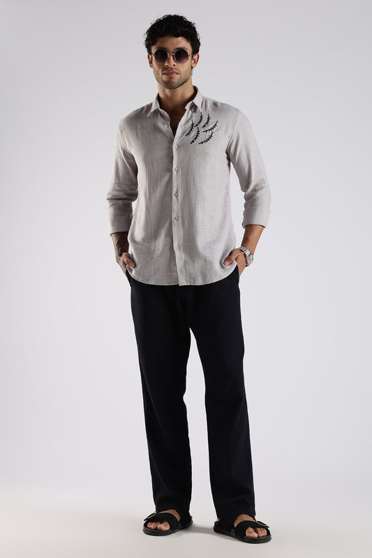 Regular Fit Embroidary Linen Blend Light Grey Designer Shirt