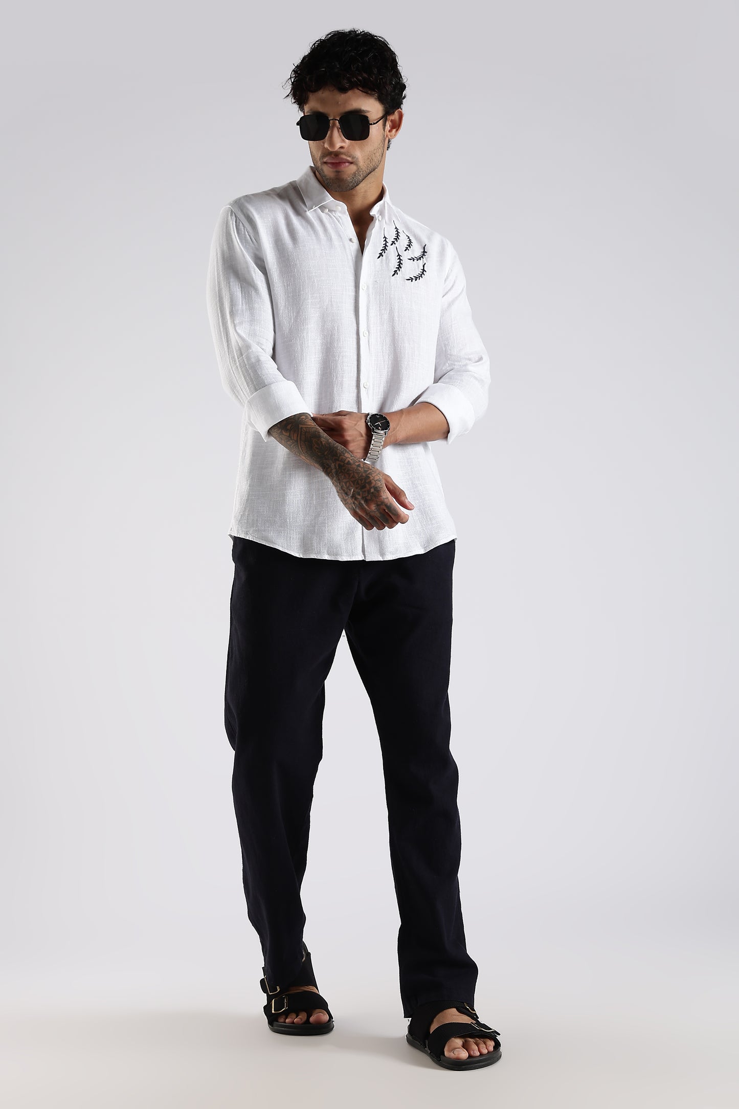 Regular Fit Embroidary White Linen Blend Designer Shirt