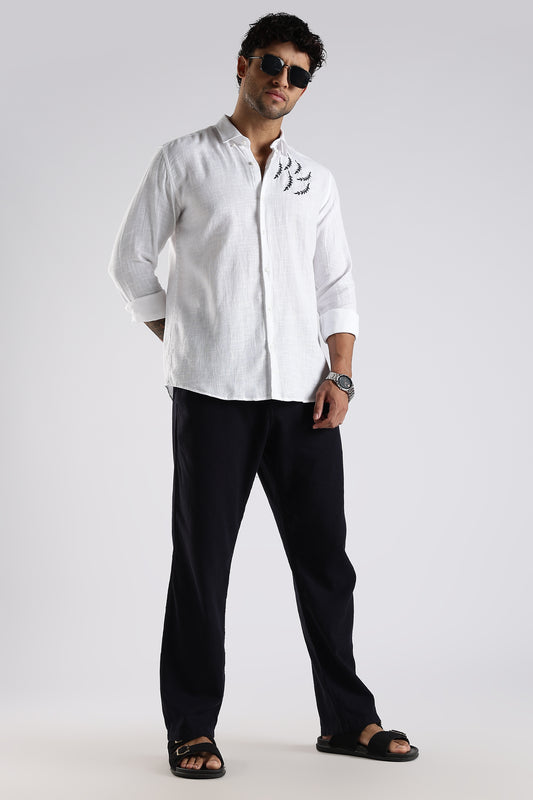 Regular Fit Embroidary White Linen Blend Designer Shirt