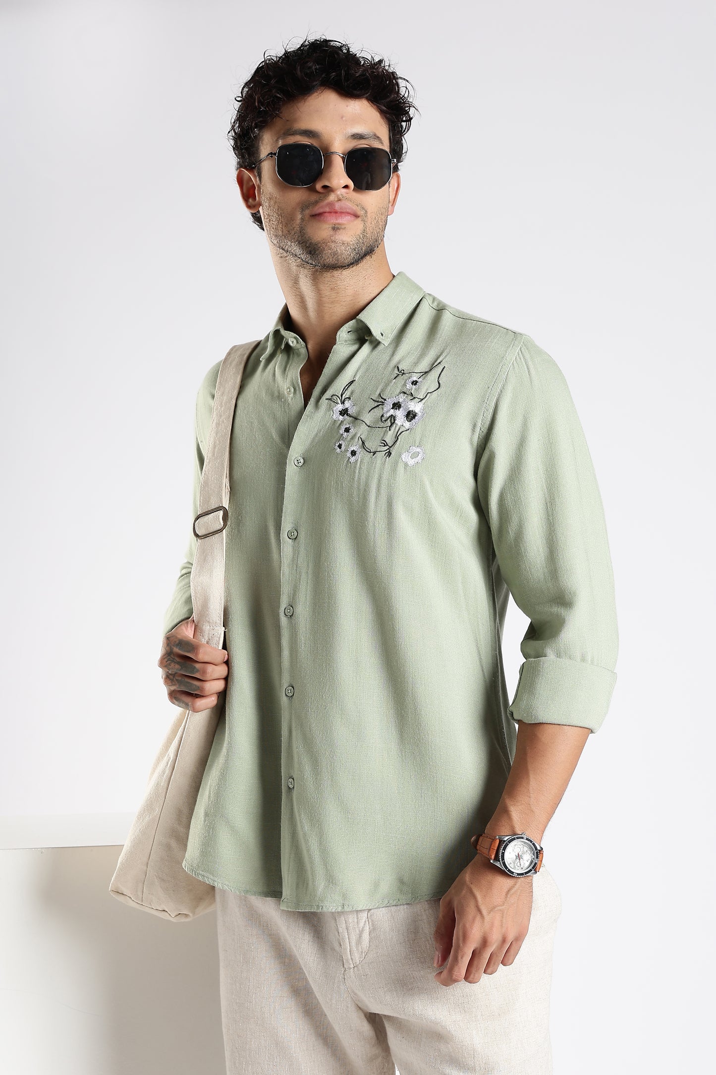 Regular Fit Embroidery Linen Blend Designer Light Green Shirt
