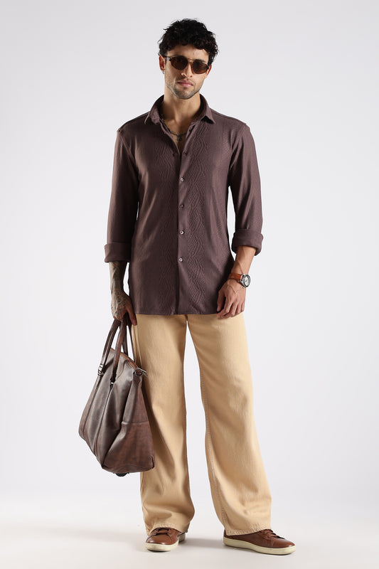 Regular Fit Textured Jacquard Fabric Brown Shirt
