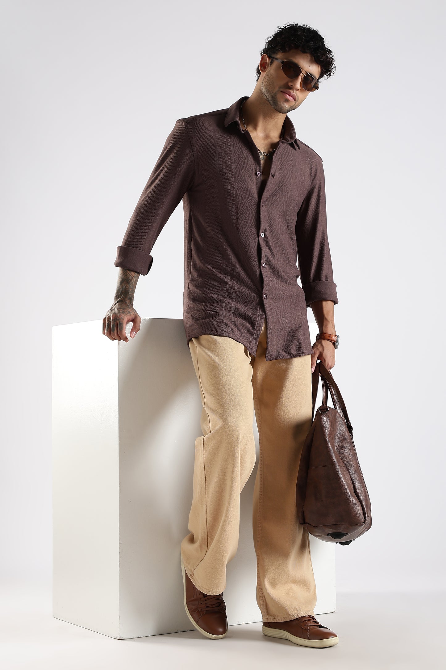 Regular Fit Textured Jacquard Fabric Brown Shirt