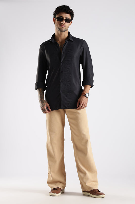 Regular Fit Textured Jacquard Fabric Black Shirt