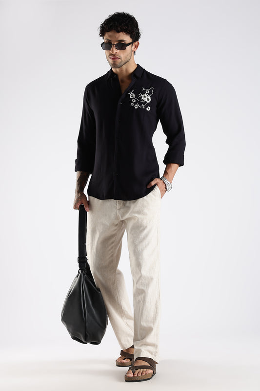 Regular Fit Embroidery Linen Blend Designer Black Shirt