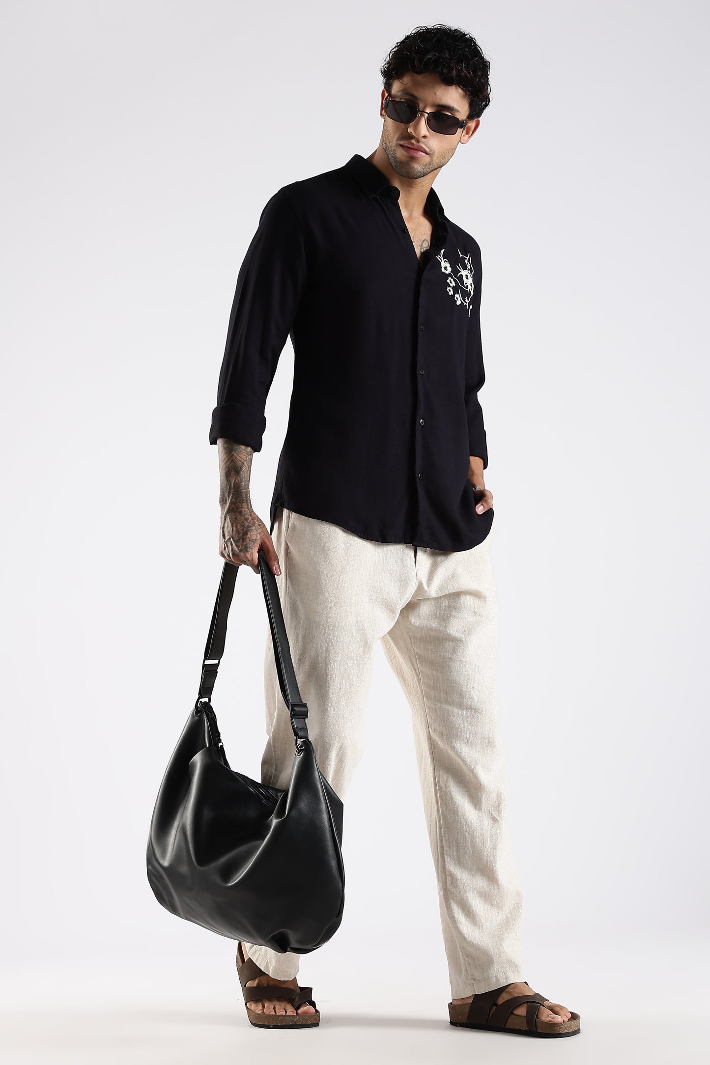Regular Fit Embroidery Linen Blend Designer Black Shirt
