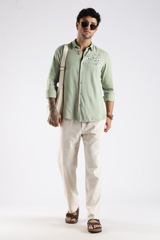 Regular Fit Embroidery Linen Blend Designer Light Green Shirt