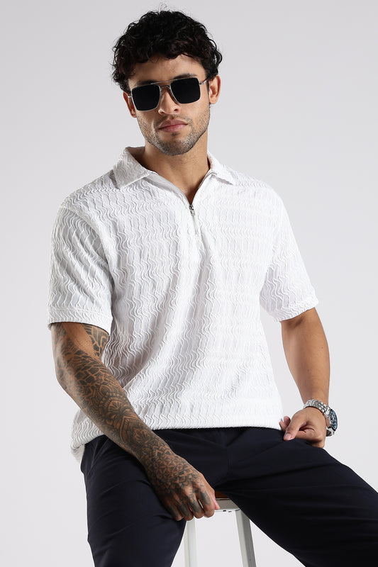 Regular Fit Jackuard Textured Zipper Polo White Tshirt