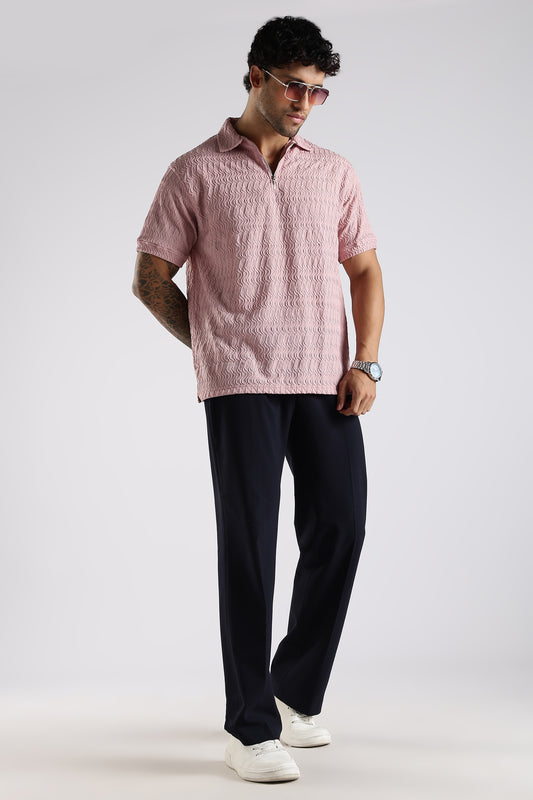 Regular Fit Jackuard Textured Zipper Polo Light Pink Tshirt