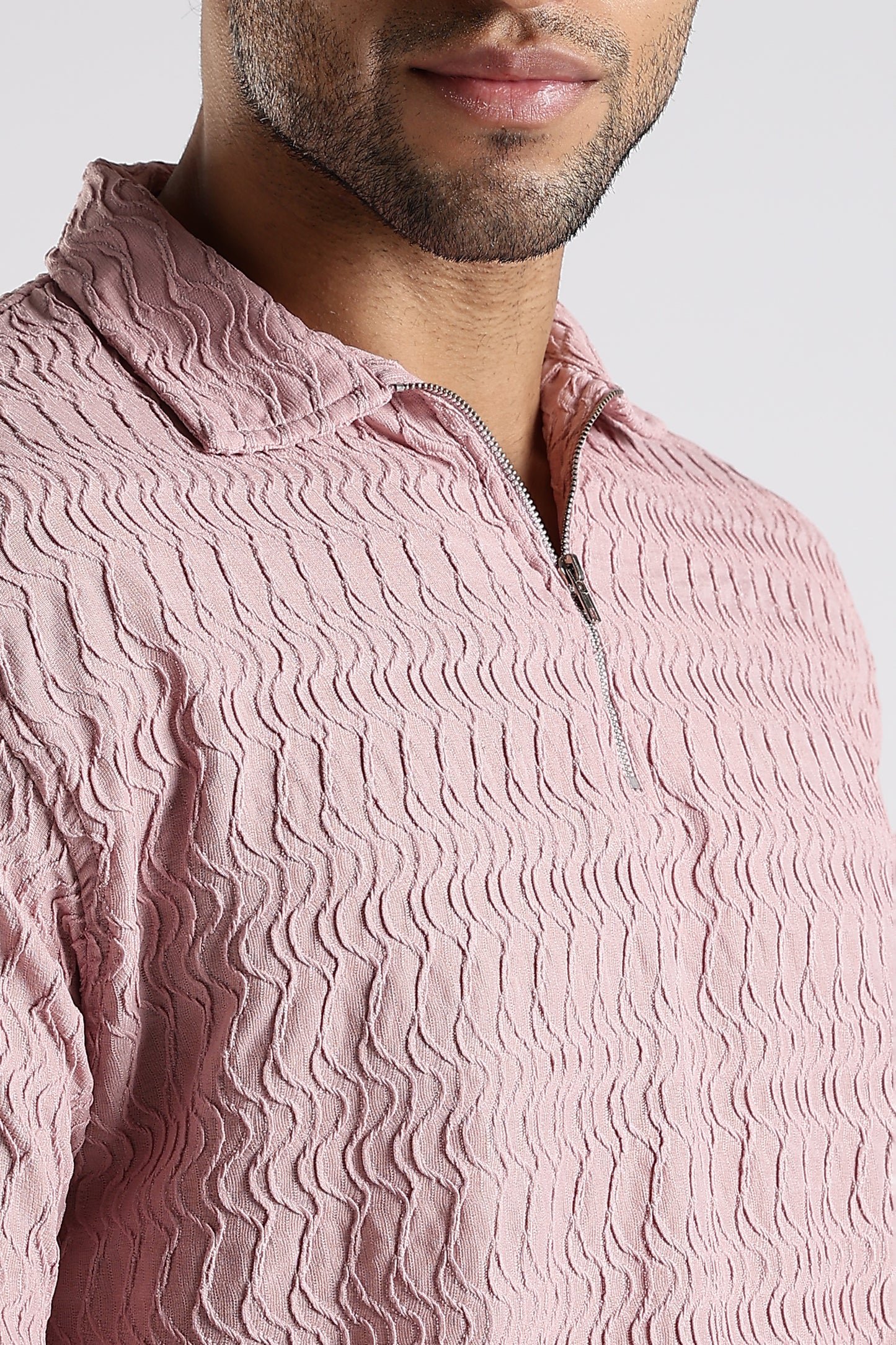 Regular Fit Jackuard Textured Zipper Polo Light Pink Tshirt