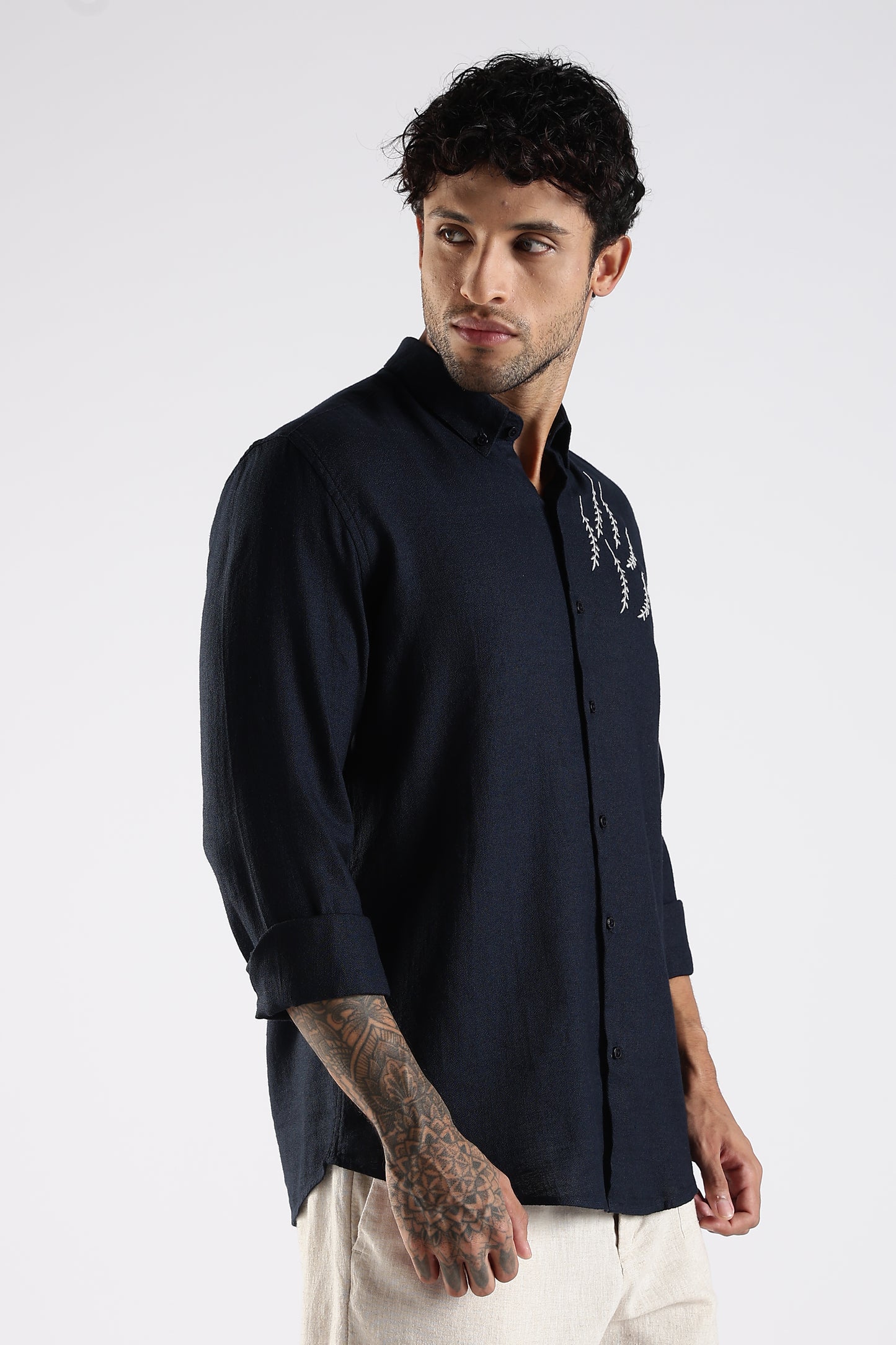 Regular Fit Embroidery Linen Blend Designer Dark Navy Blue Shirt