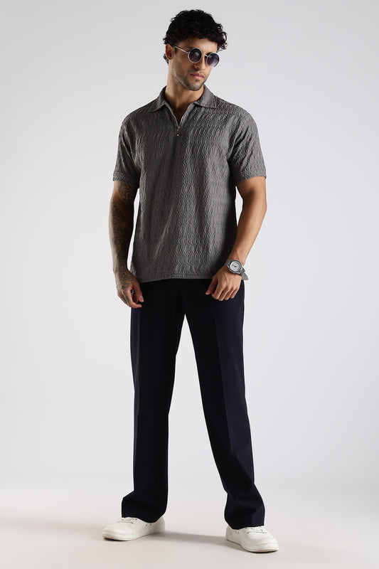 Regular Fit Jackuard Textured Zipper Polo Grey Textured Tshirt