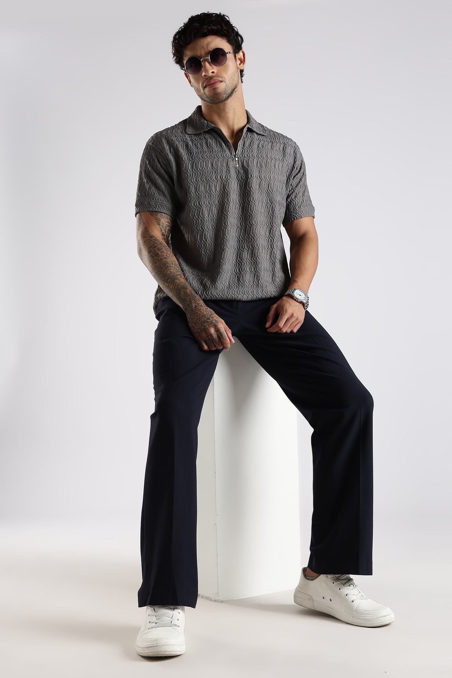 Regular Fit Jackuard Textured Zipper Polo Grey Textured Tshirt