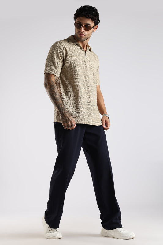 Regular Fit Jackuard Textured Zipper Polo Beige Tshirt