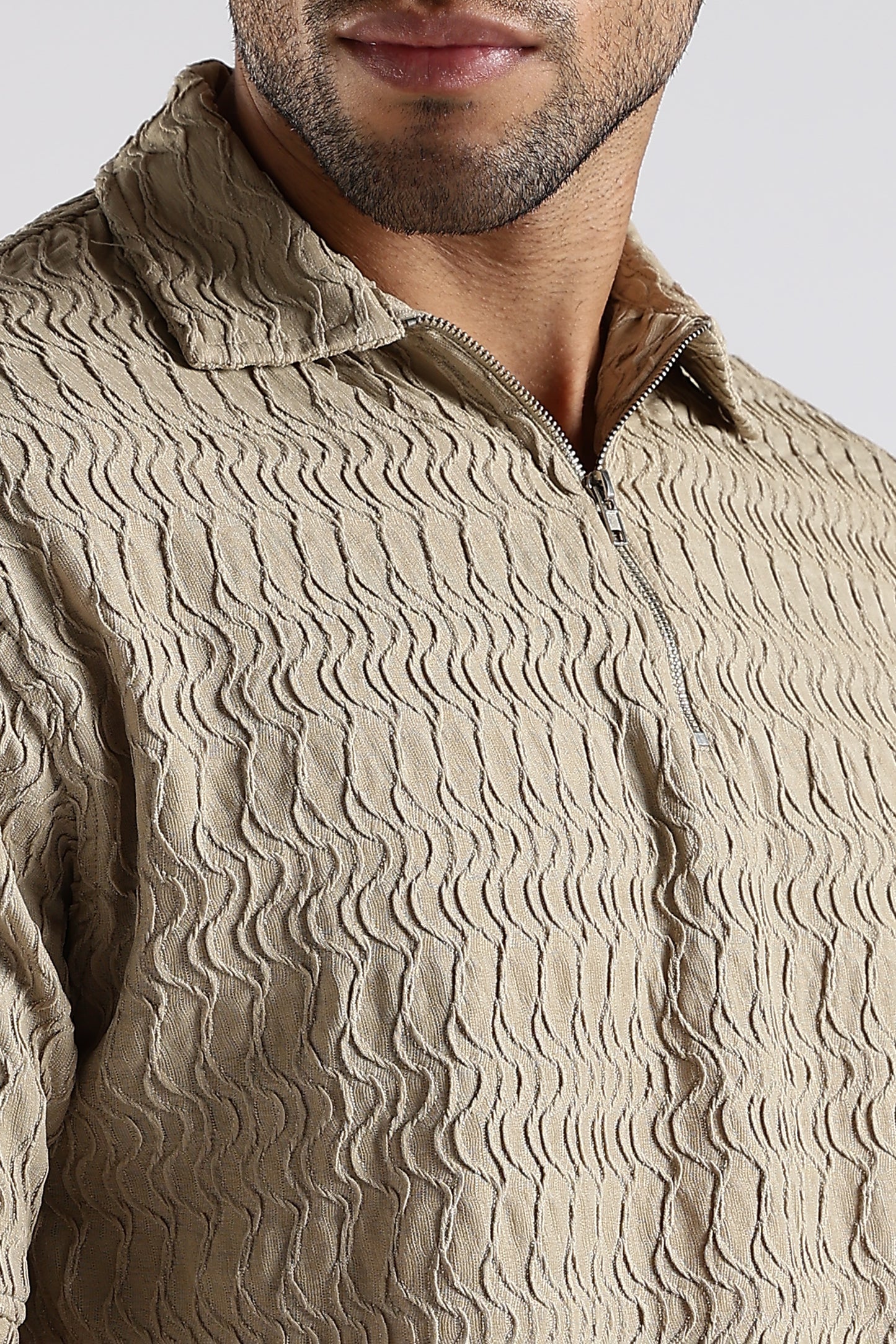 Regular Fit Jackuard Textured Zipper Polo Beige Tshirt
