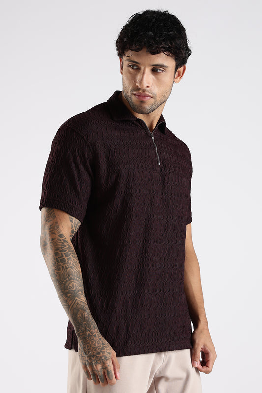 Regular Fit Jackuard Textured Zipper Polo Dark Maroon Tshirt