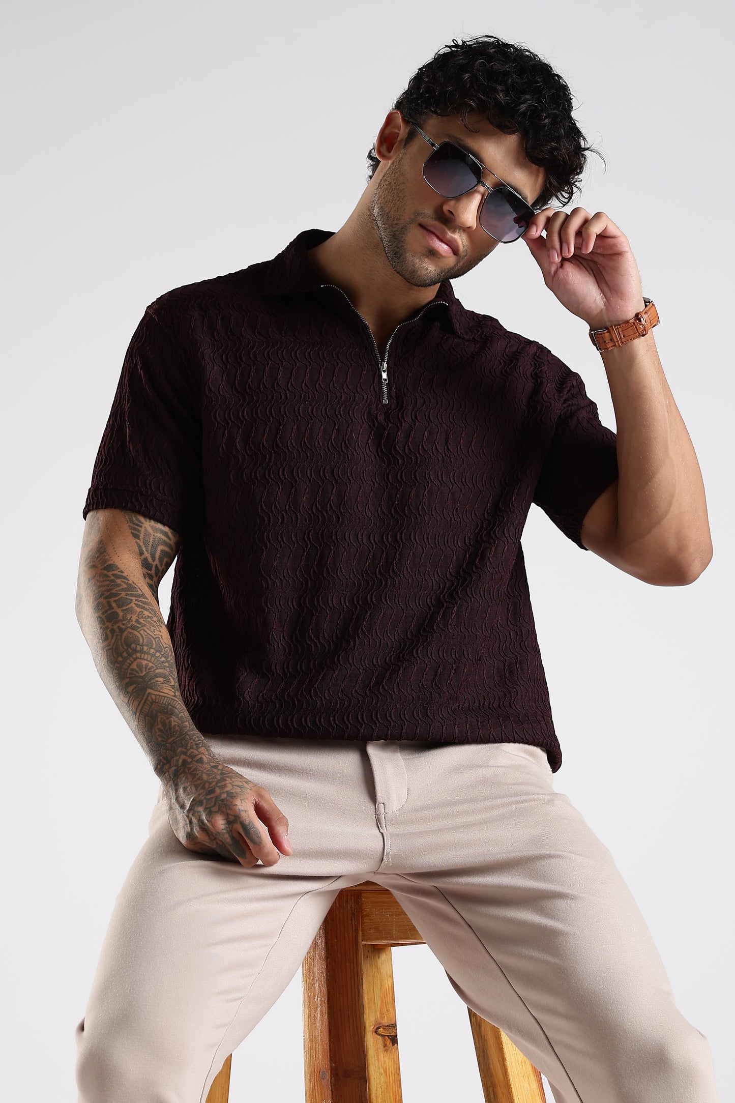 Regular Fit Jackuard Textured Zipper Polo Dark Maroon Tshirt