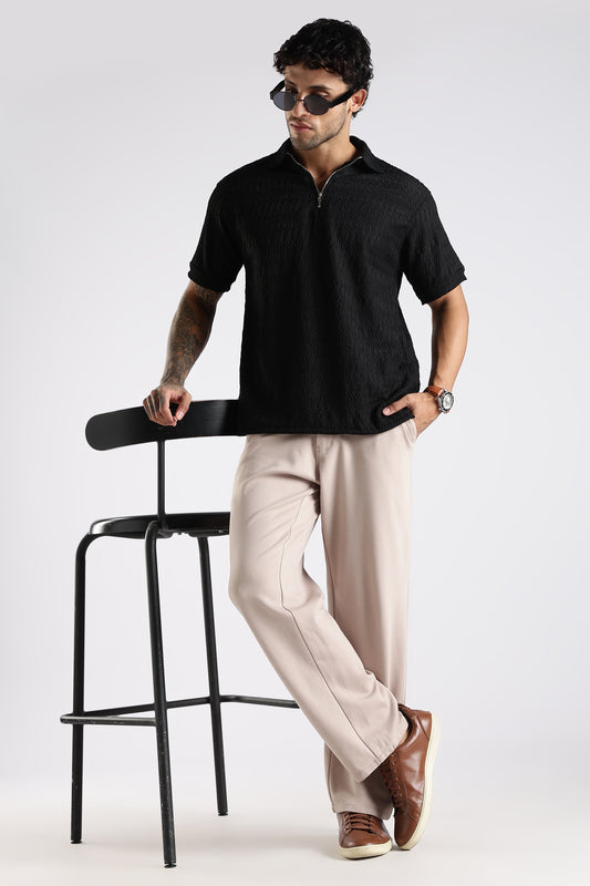 Regular Fit Jackuard Textured Zipper Polo Black Textured Tshirt