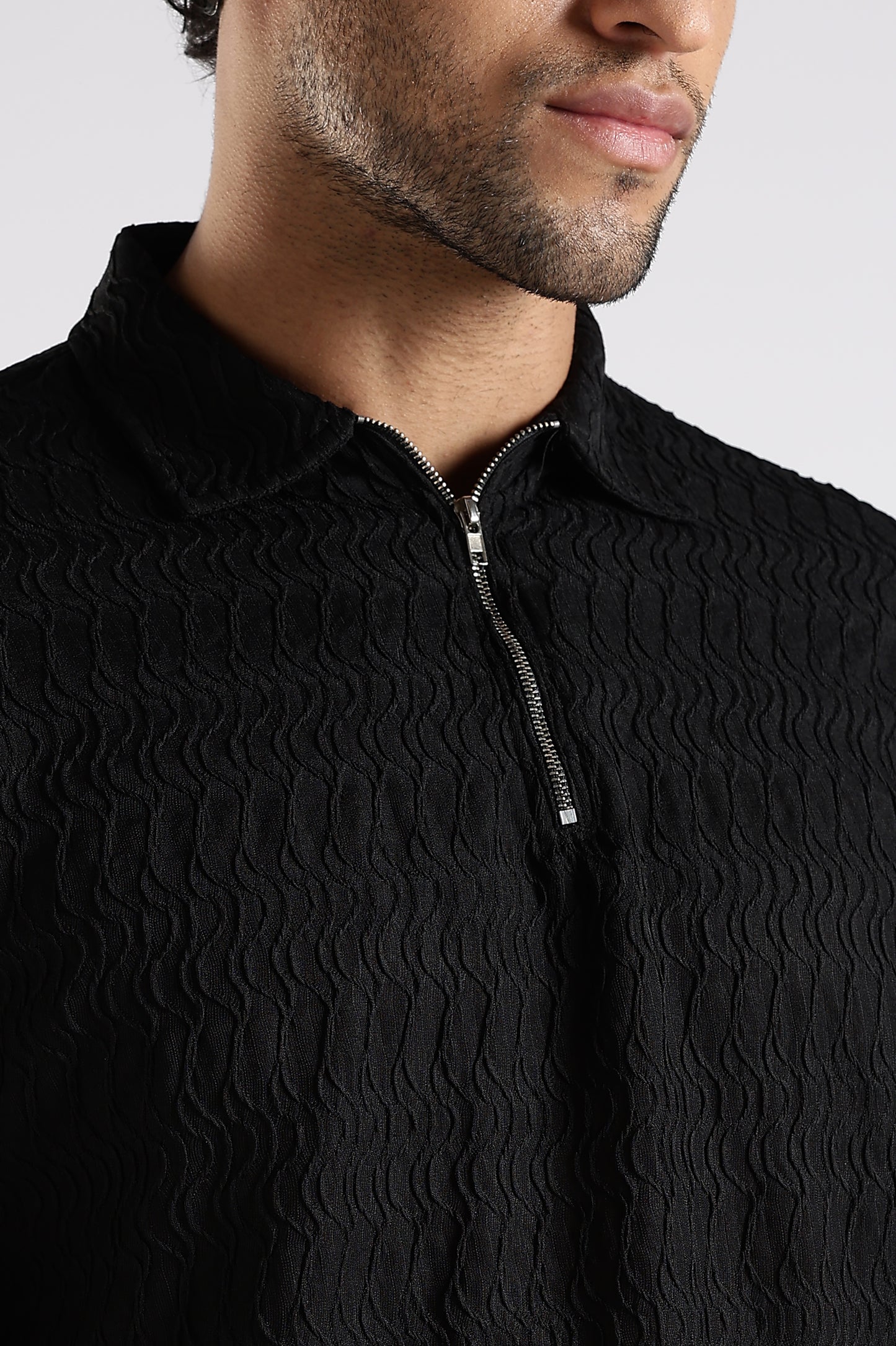 Regular Fit Jackuard Textured Zipper Polo Black Textured Tshirt