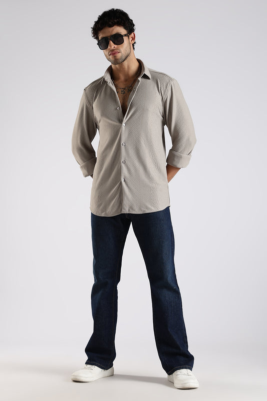 Regular Fit Textured Jacquard Fabric Beige Grey Shirt