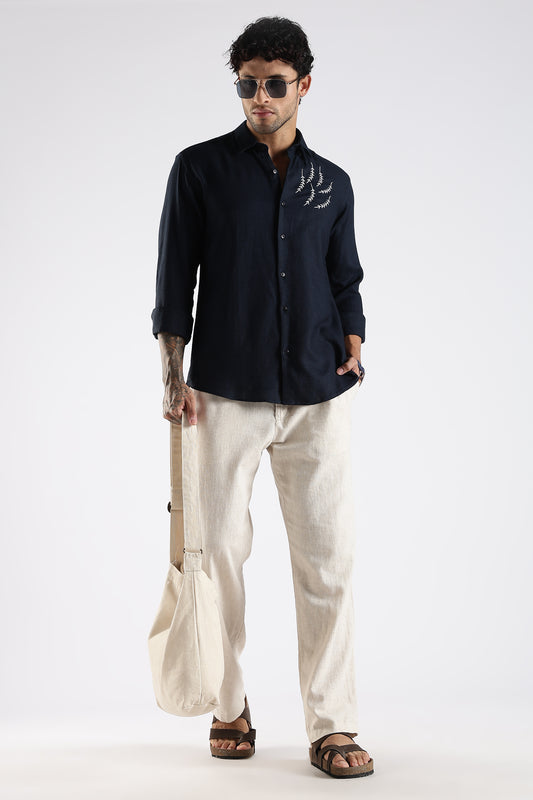 Regular Fit Embroidery Linen Blend Designer Dark Navy Blue Shirt