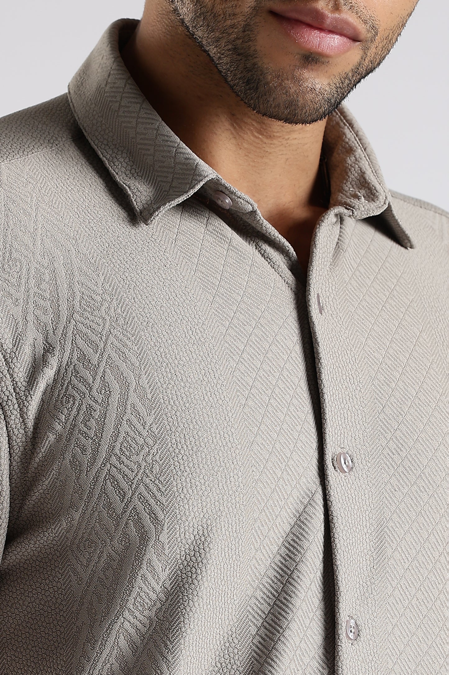 Regular Fit Textured Jacquard Fabric Beige Grey Shirt