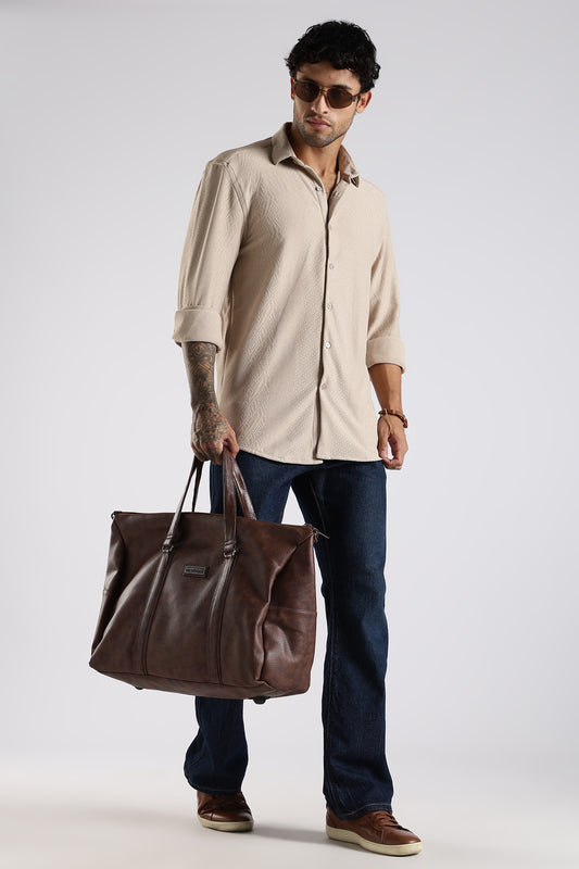 Regular Fit Textured Jacquard Fabric Warm Beige Shirt