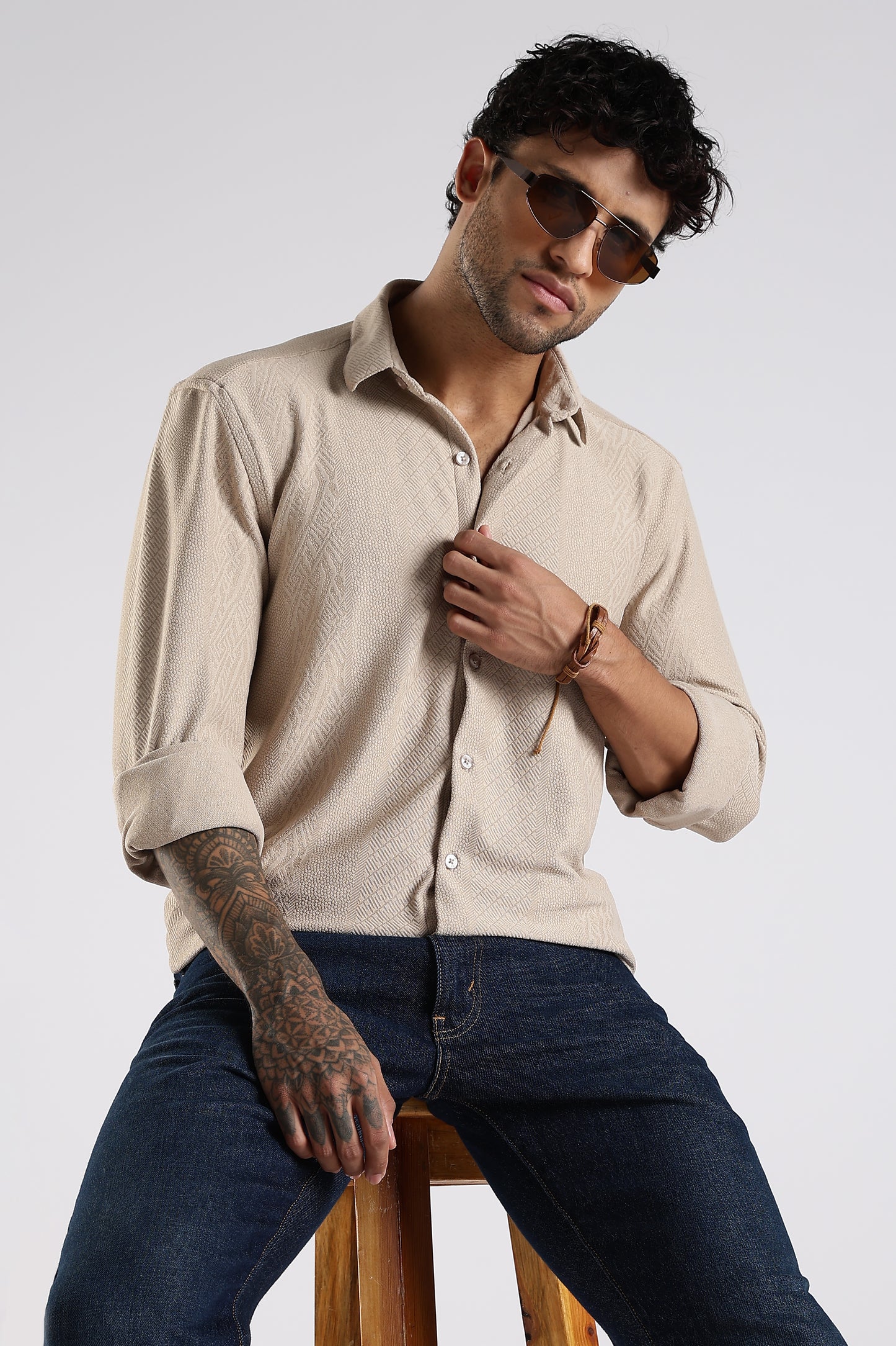 Regular Fit Textured Jacquard Fabric Warm Beige Shirt