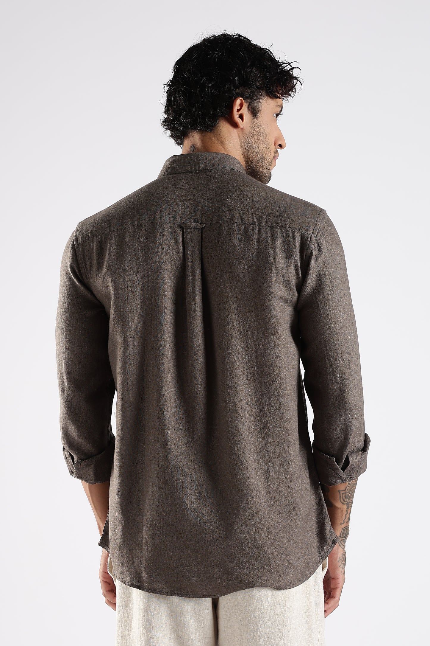 Regular Fit Embroidery Linen Blend Designer Dark Taupe Shirt