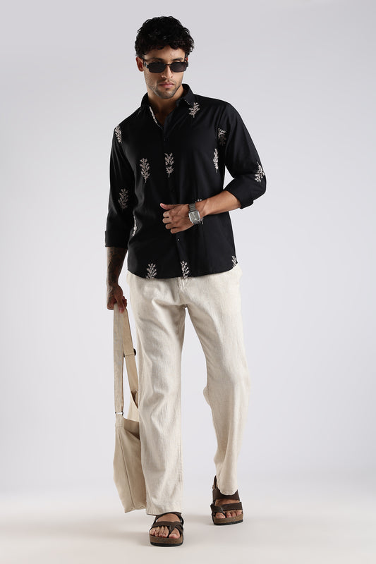 Regular Fit Leaf Embroidary Designer Black Shirt