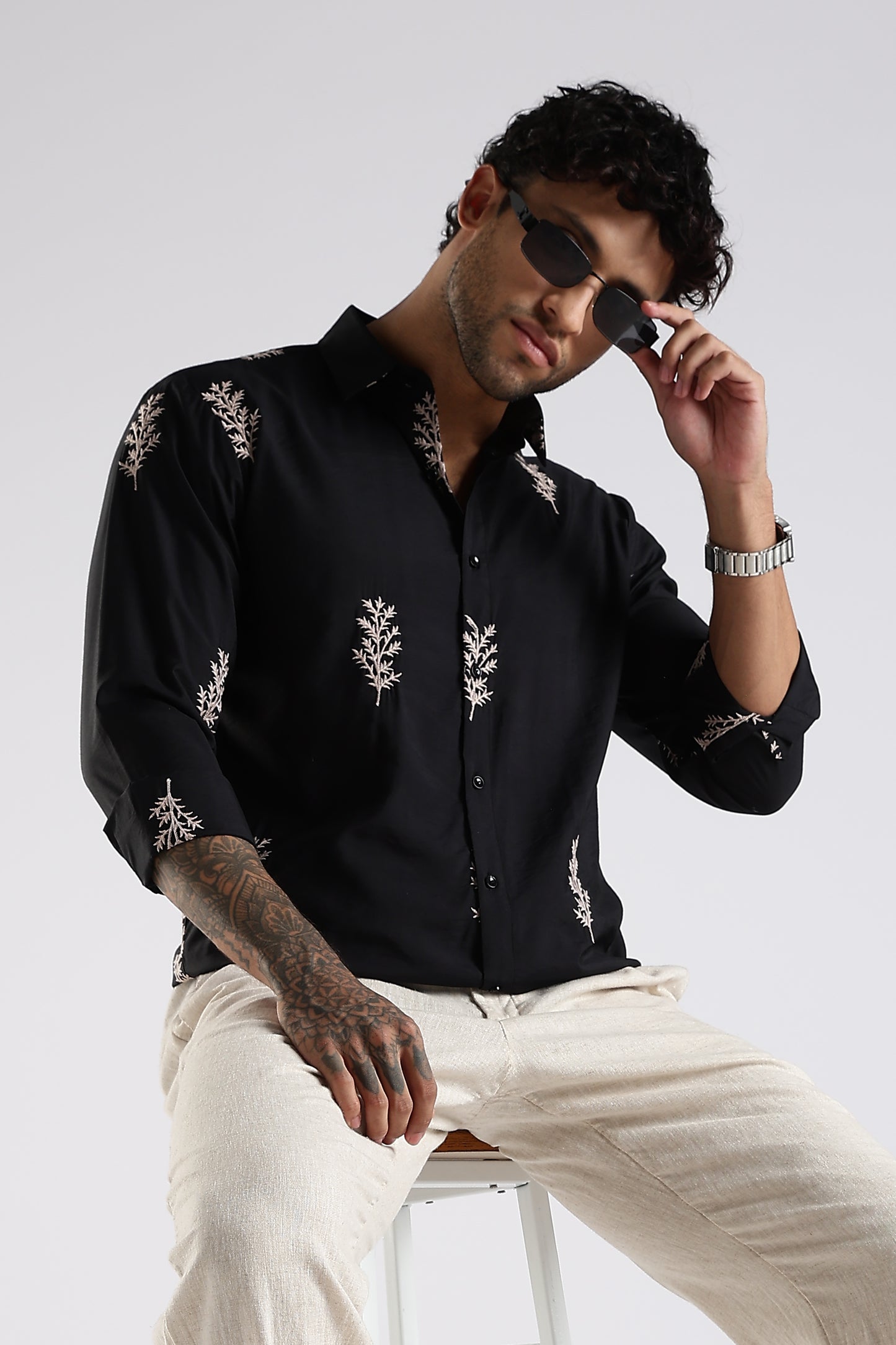 Regular Fit Leaf Embroidary Designer Black Shirt