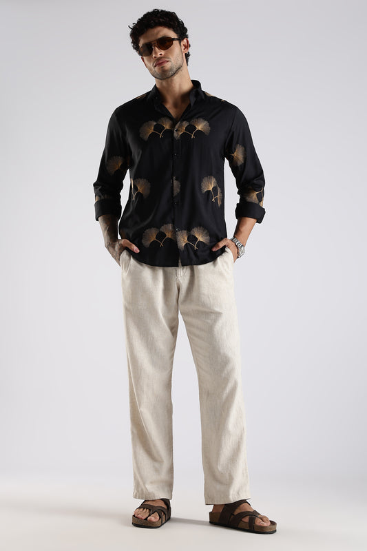 Regular Fit Floral Embroidary Designer Black Shirt