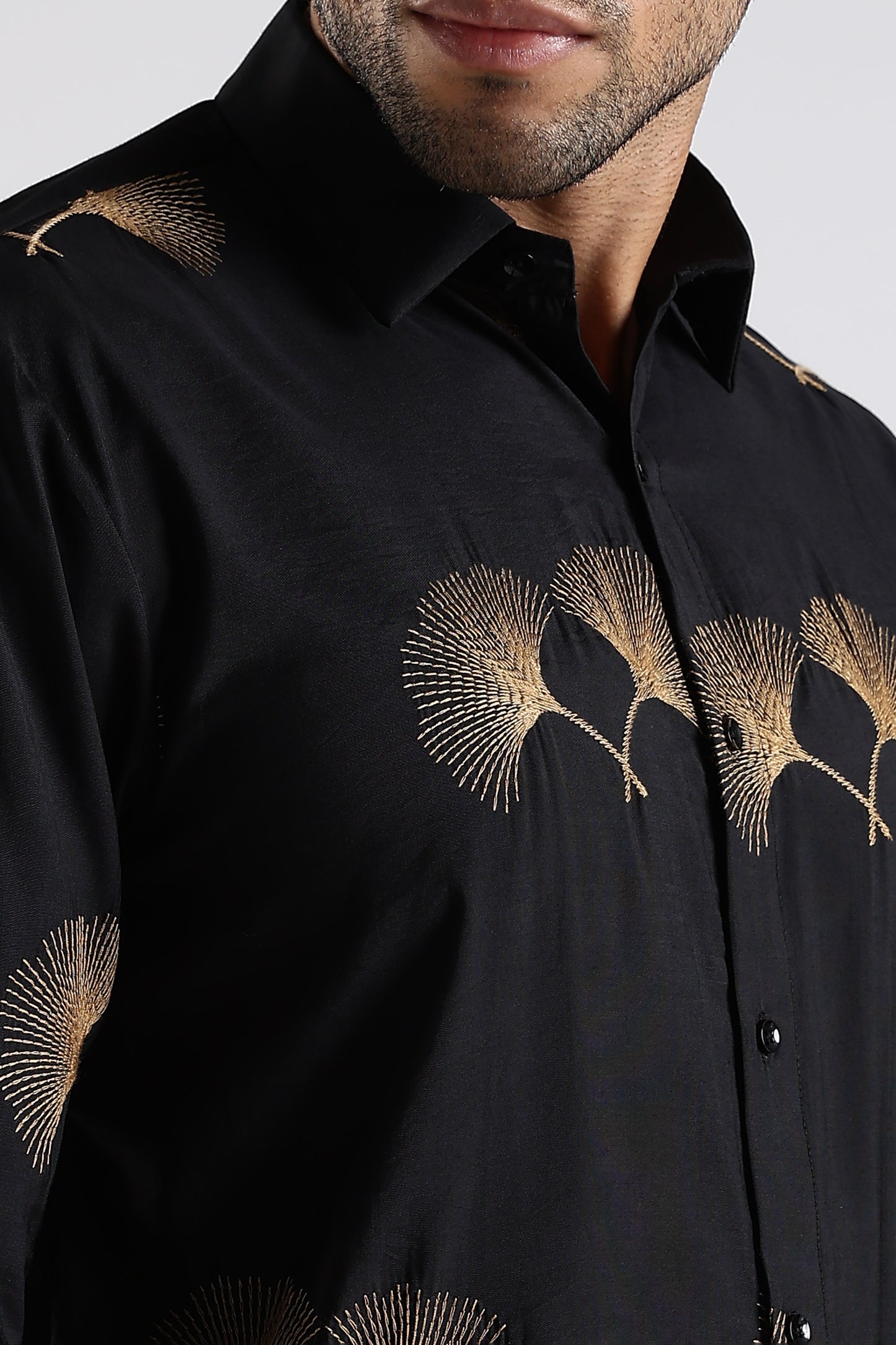 Regular Fit Floral Embroidary Designer Black Shirt