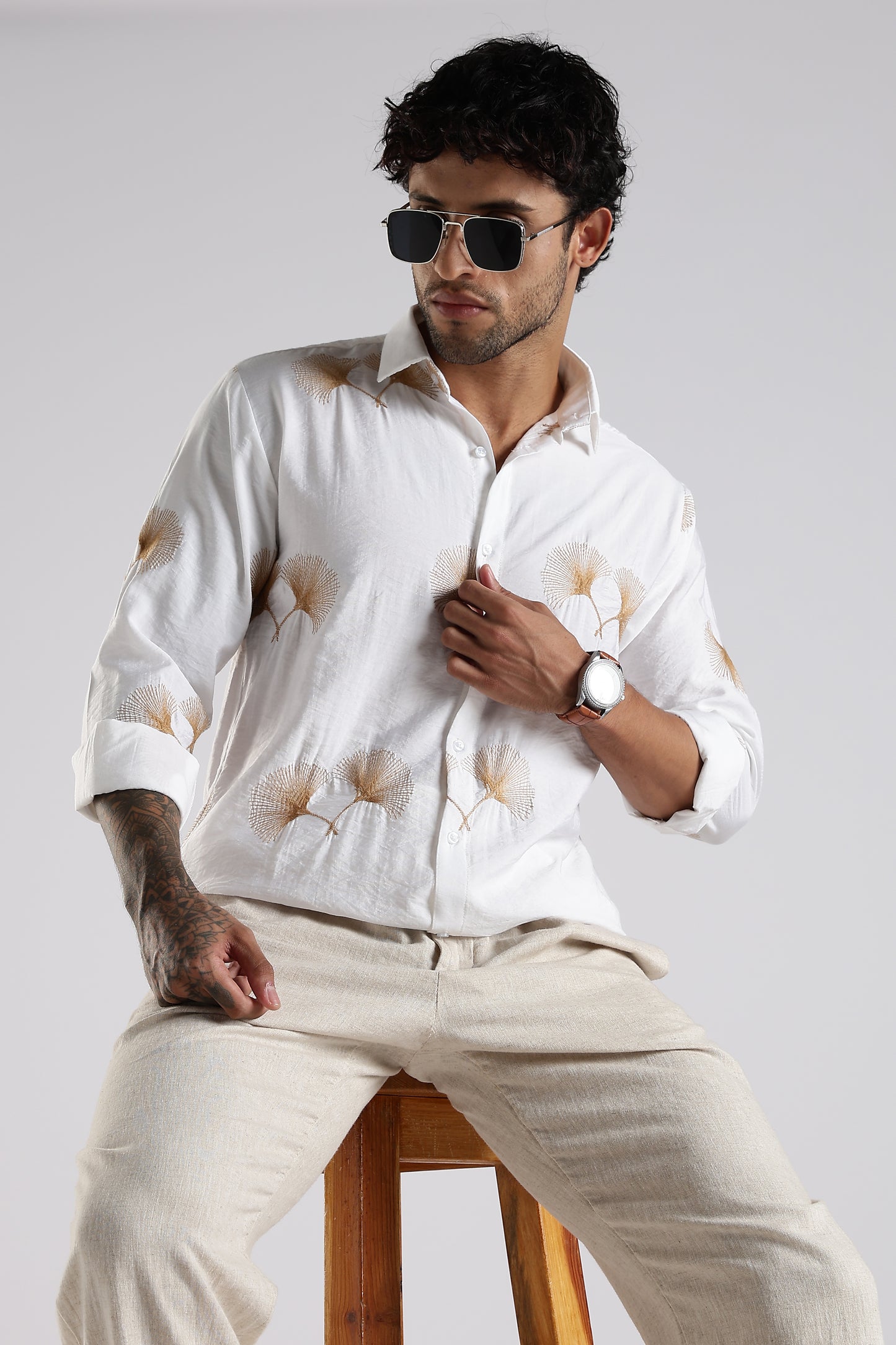 Regular Fit Floral Embroidary Designer White Shirt
