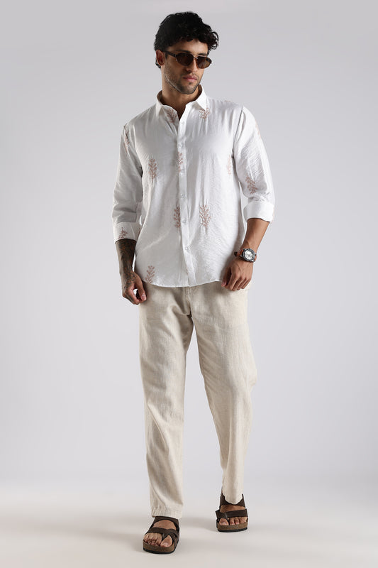 Regular Fit Leaf Embroidary Designer White Shirt