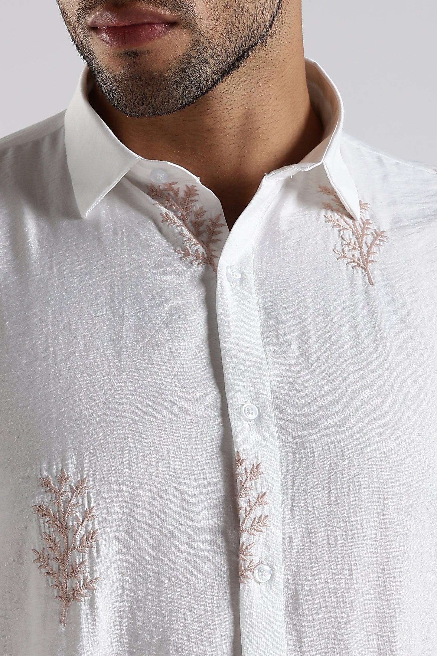 Regular Fit Leaf Embroidary Designer White Shirt