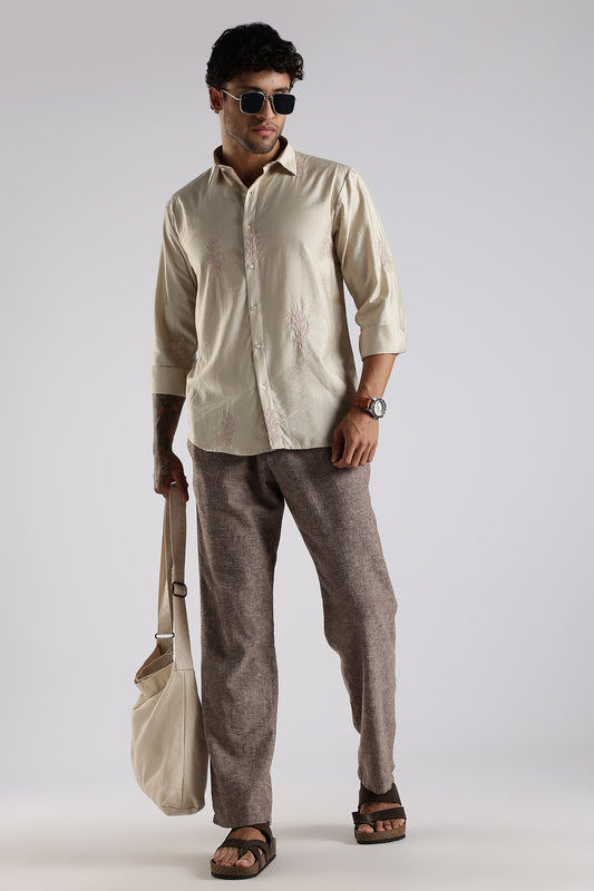 Regular Fit Leaf Embroidary Designer Beige Shirt