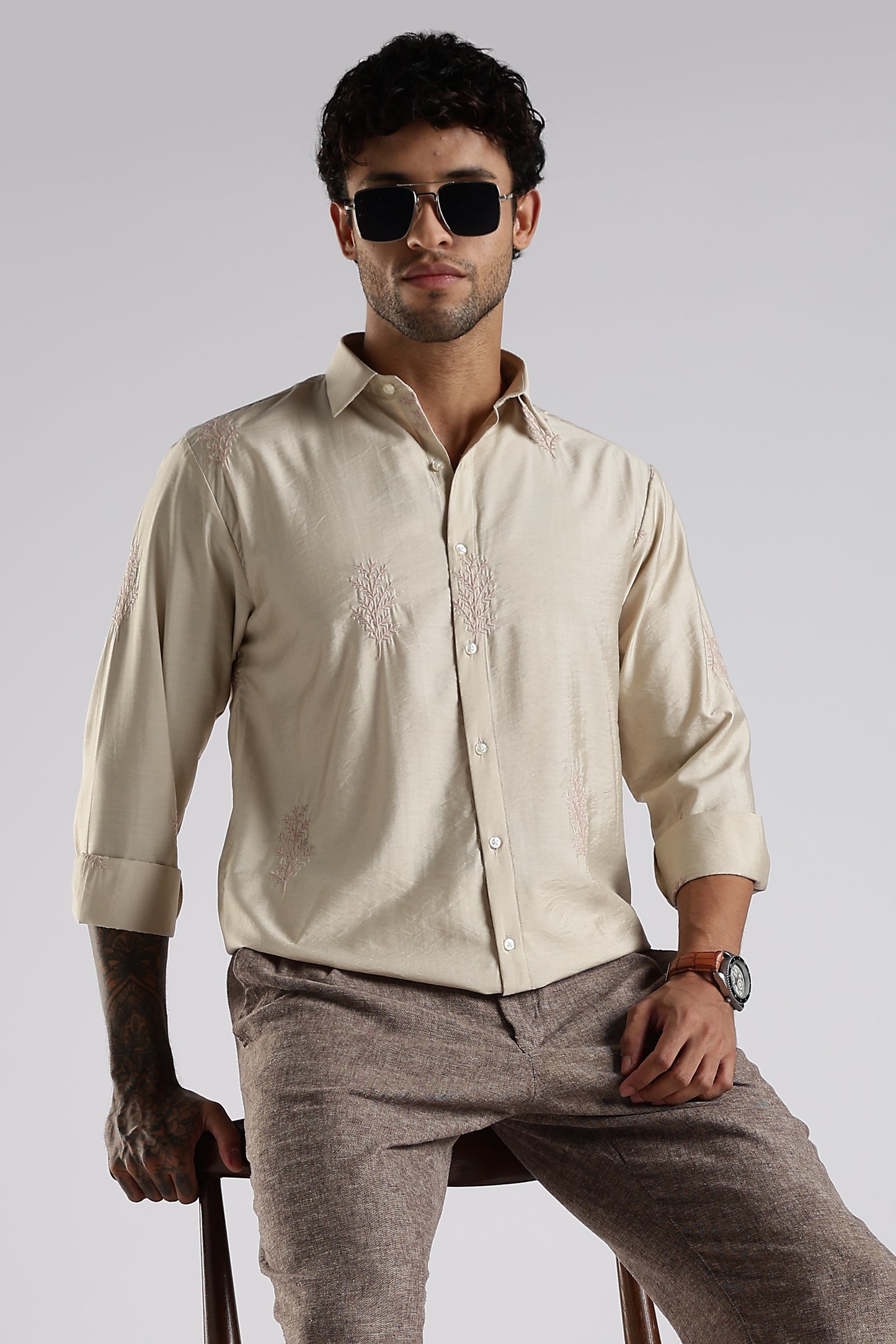 Regular Fit Leaf Embroidary Designer Beige Shirt